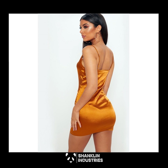 SOLD Gold Satin Strappy Square Neck Bodycon Dress - Picture 2 of 5